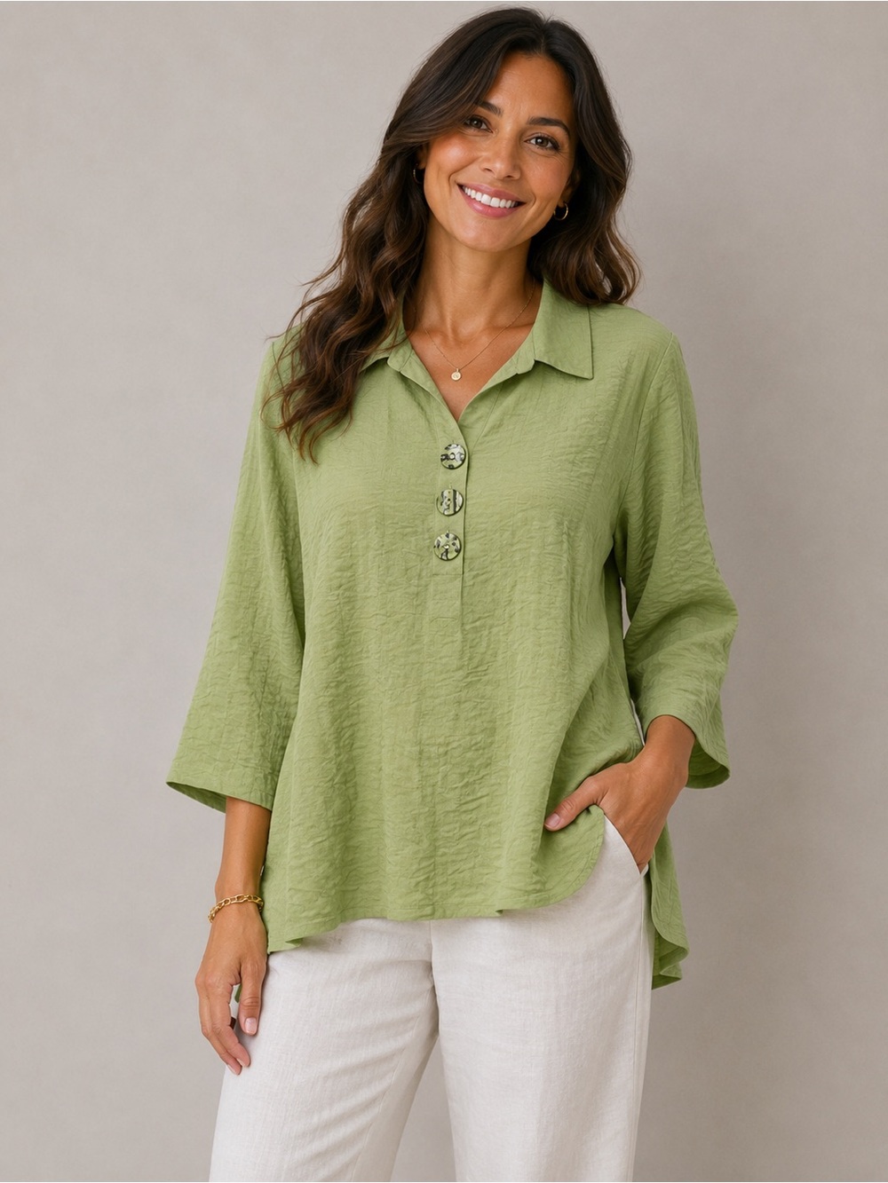 NWT Habitat Clothes to Live In Fern Color Marble Button Crinkle Swing Top L/XL